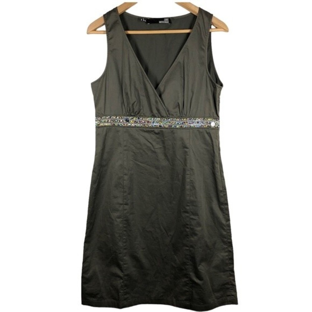 Love Moschino Green Sleeveless Dress Beaded Babydoll Y2K V Neck US 8